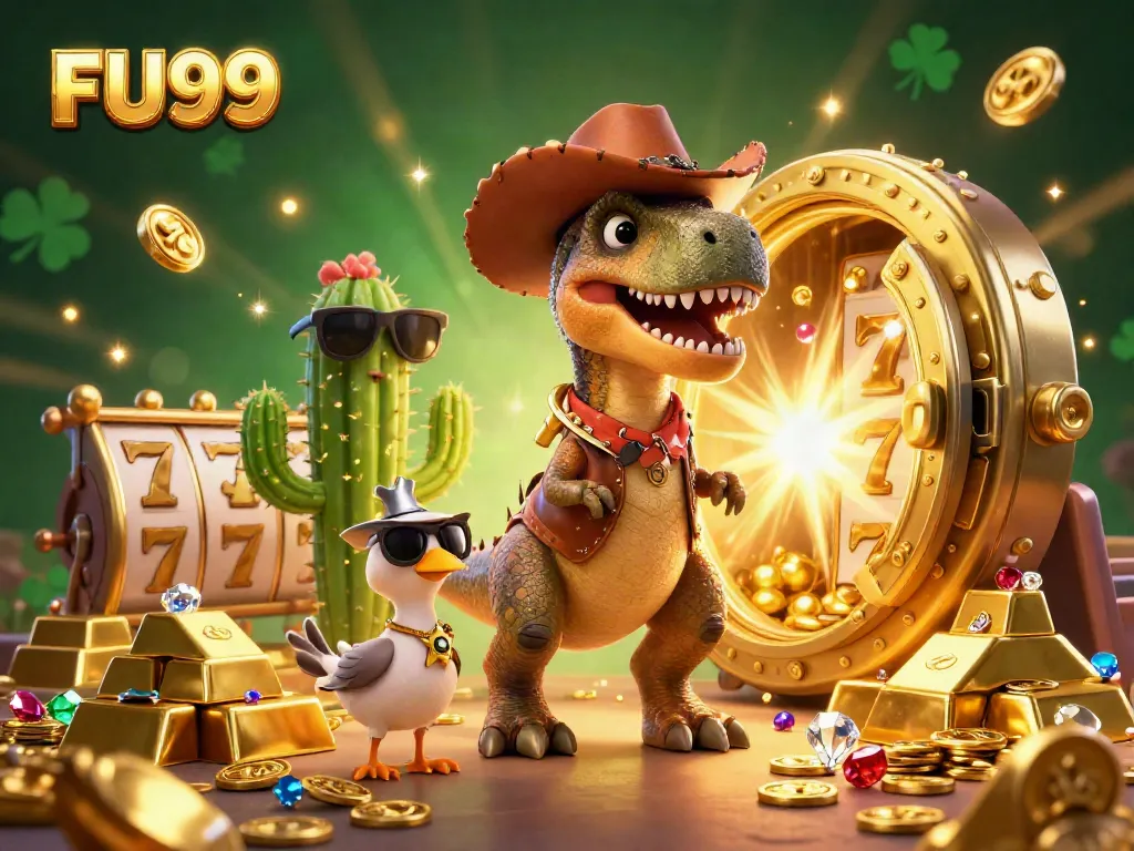 Win big with FU99, a vibrant gaming adventure featuring a dinosaur cowboy amidst golden treasures and slot symbols.