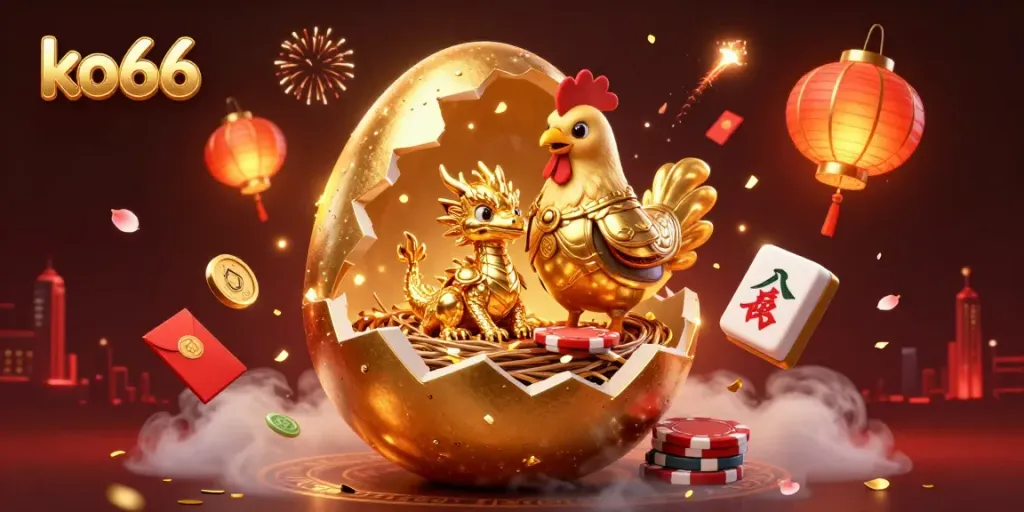 Engage in thrilling games at ko66, featuring a golden dragon amidst poker chips in a captivating casino scene.