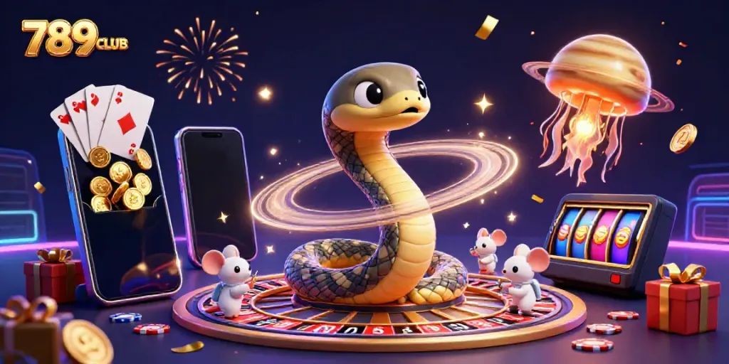 Engage with the thrilling universe of 789CLUB as cartoon characters celebrate casino action amidst cosmic elements.