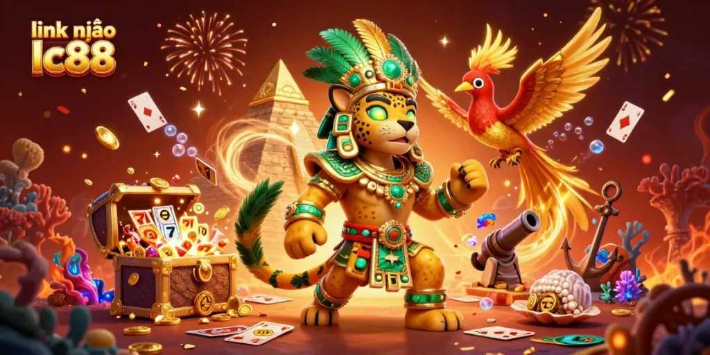 Join the excitement and play at link vào lc88, showcasing vibrant 3D casino magic with gold coins and slot elements.