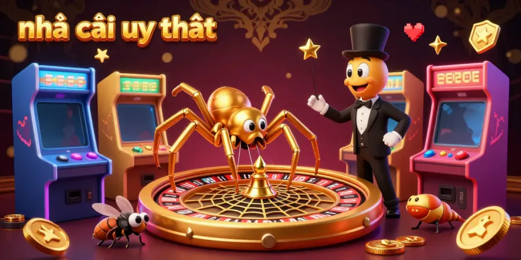 Engaging scene illustrating nhà cái uy tín with a golden spider spinning a roulette wheel while a fly places bets, combining casino and gaming elements.