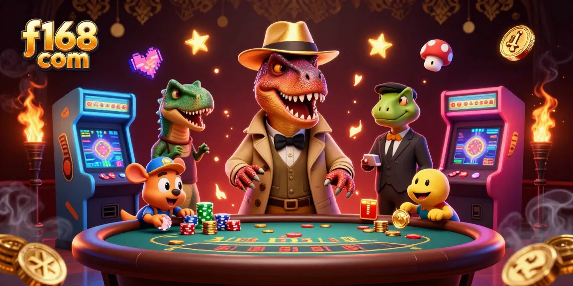 Experience thrilling gaming at f168 com with an animated velociraptor card counter and a busy casino vibe.