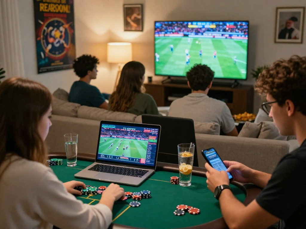 Diverse group enjoying online gambling experiences at home, showcasing the excitement of gambleonline.