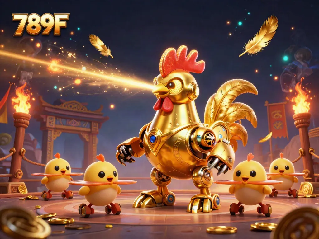 Engage with 789F through vibrant gaming elements featuring a golden rooster robot and baby chicks in a dynamic scene.