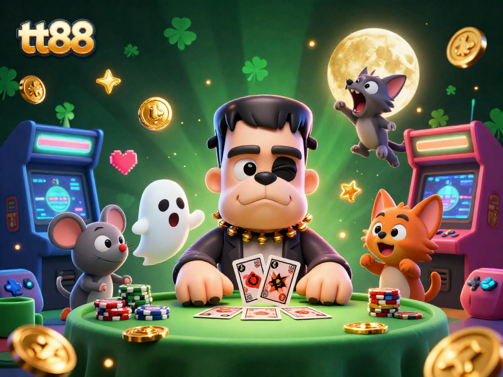 Play at tt88's vibrant casino with a 3D Frankenstein bulldog dealer amidst colorful gaming elements.