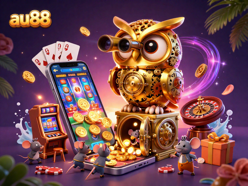 Experience the excitement at au88 with a golden owl overseeing a dynamic casino scene filled with games and action.