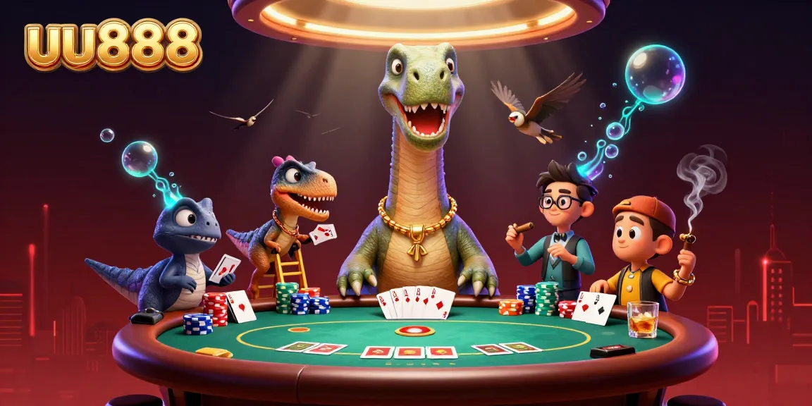 Experience the fun of uu888 poker action with a cartoon dinosaur dealer and vibrant casino scene.