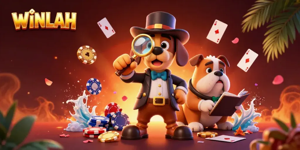 Engage with WINLAH as a detective bloodhound examines poker clues in a festive casino scene.