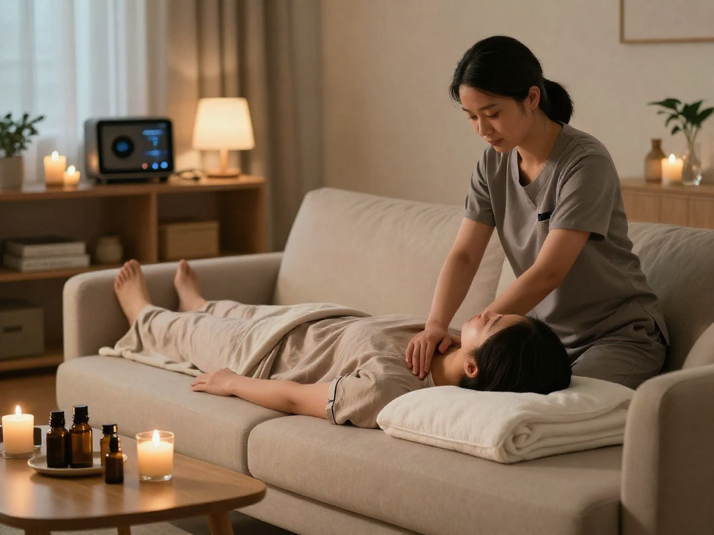 Enjoying a 출장마사지 in a cozy home environment with calming elements.
