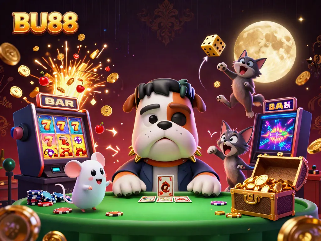 Experience a vibrant BU88 casino scene featuring a 3D bulldog monster and animated game elements.