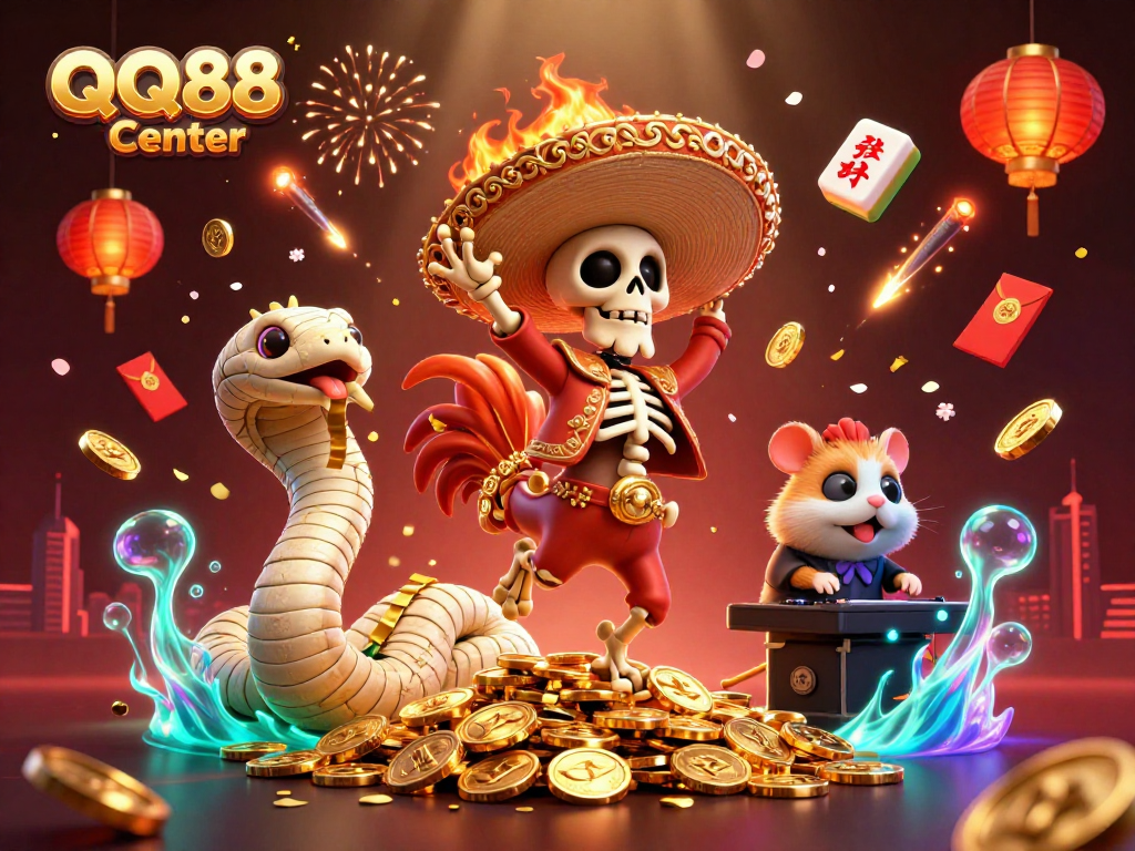 Experience the excitement at QQ88 Center with dynamic casino characters celebrating in a festive 3D scene.
