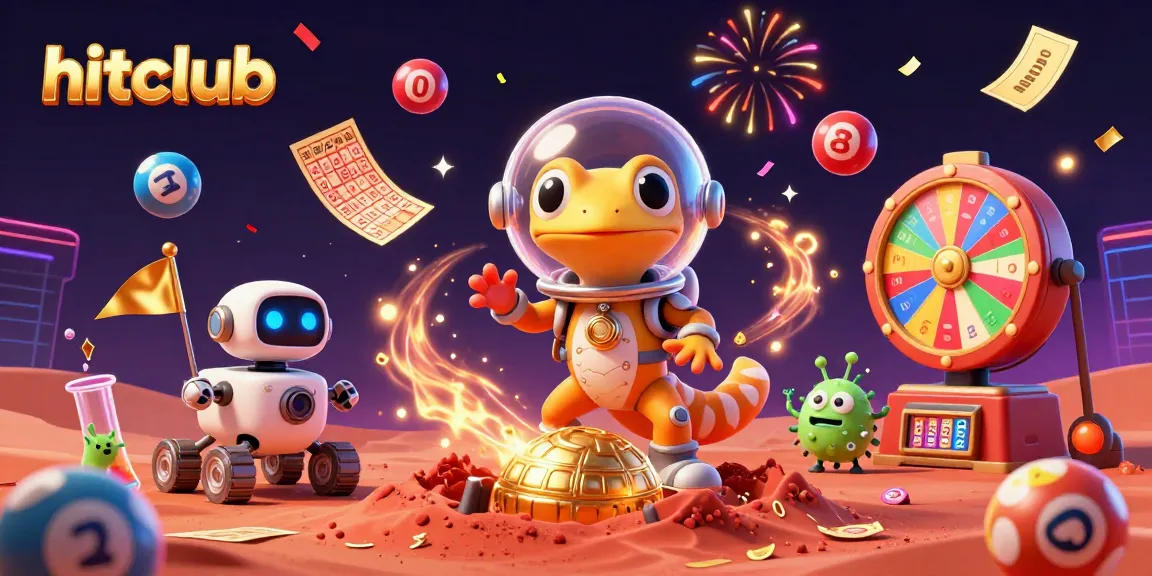 Cheerful Martian gecko plays at hitclub's golden casino while lottery balls bounce around.