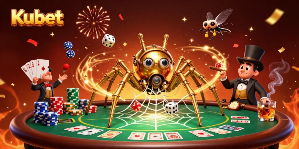 Engage with Kubet's vibrant casino world featuring a golden spider and poker elements.