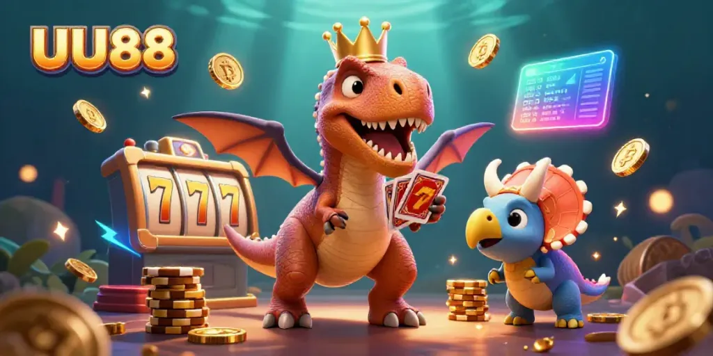 Engaging illustration of UU88's T-Rex character shuffling cards amid colorful slot game elements.