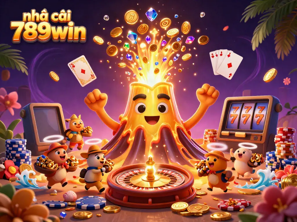 Engage with the vibrant world of nhà cái 789win, featuring a triumphant golden volcano erupting with treasure amidst a casino ambiance.