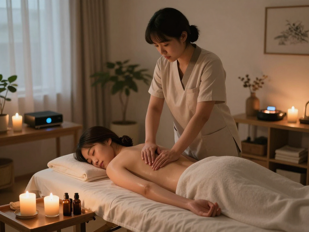 출장마사지 session in a tranquil setting with a Korean therapist and calming ambiance.