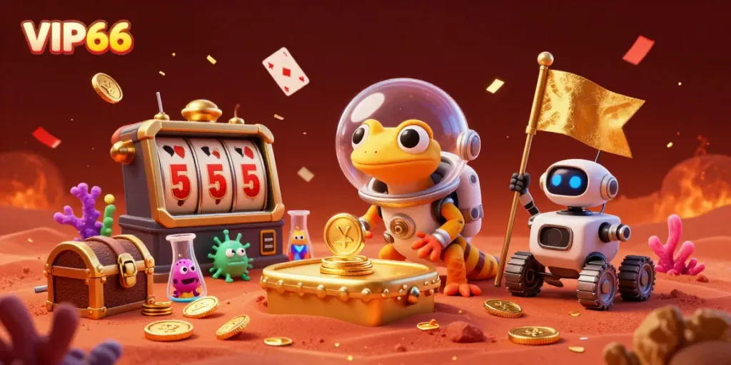 Experience VIP66 with a Martian gecko and casino treasures in a vibrant 3D scene.
