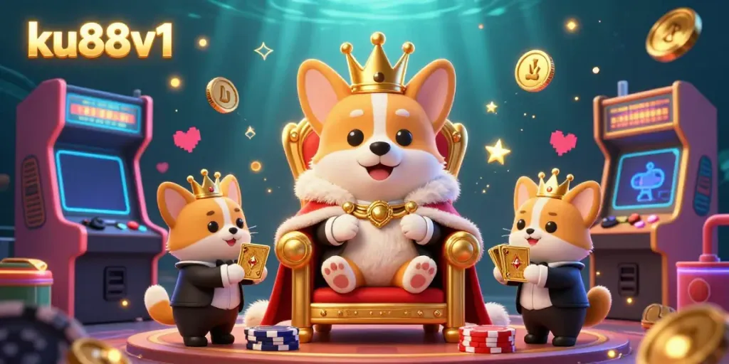 Experience gaming excitement with ku88v1 in a dynamic illustration featuring royal corgis and casino elements.