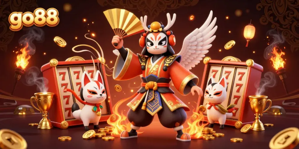 Experience the excitement of go88 with action-packed casino gameplay featuring kabuki warriors and slot machines.