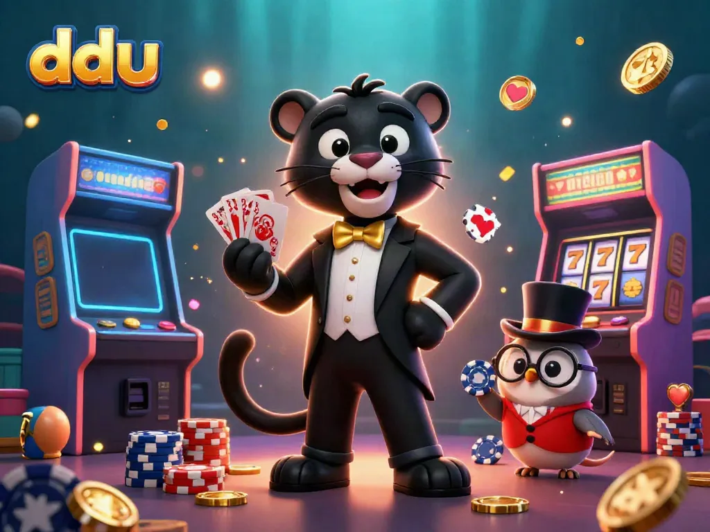 Experience thrilling gameplay with DDUU, showcasing casino characters and vibrant slot elements.