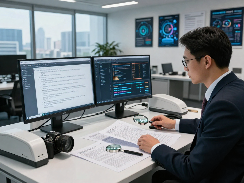 Document fraud detection analysis in a high-tech office environment with forensic analyst reviewing digital documents.