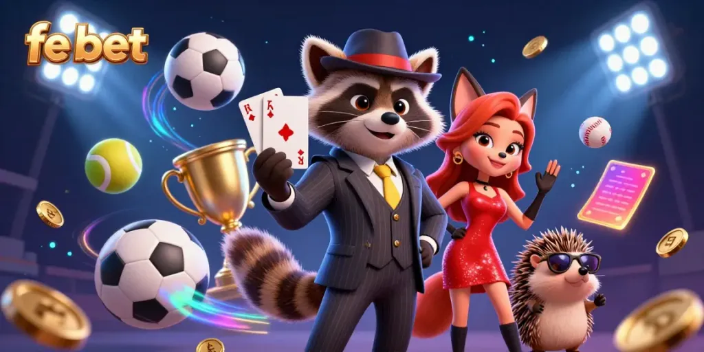 Experience the thrill with fe bet's exciting casino ambiance featuring a raccoon, fox, and hedgehog in this lively scene.