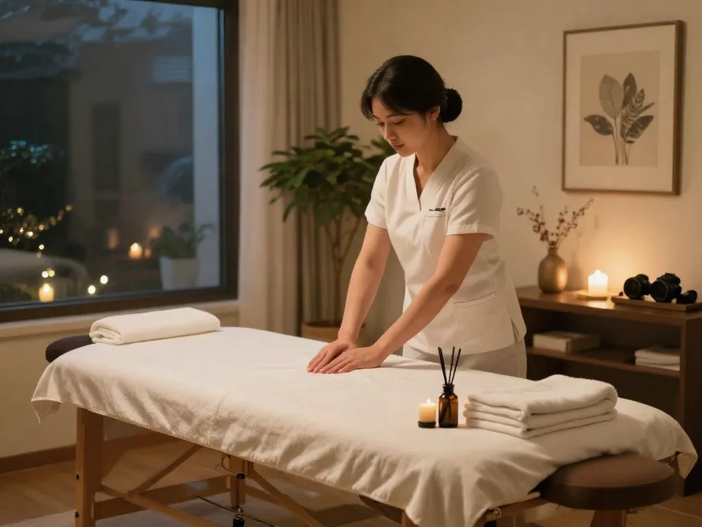 Professional massage therapist setting up for 서울출장안마 in a serene home spa environment.