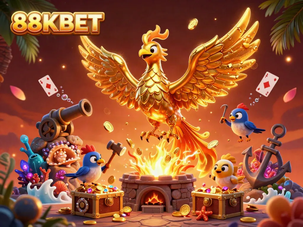 Experience thrilling gaming at 88KBET with dynamic visuals of a molten golden phoenix amidst treasure and casino elements.