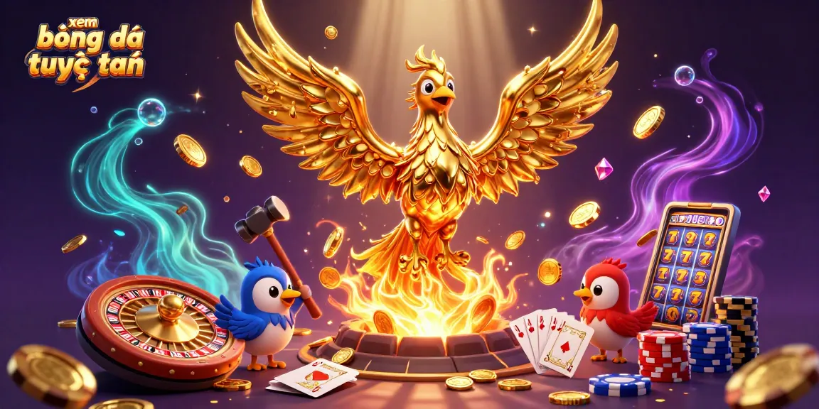 Experience xem bóng đá trực tiếp with a golden phoenix and dazzling gambling elements in a vibrant 3D scene