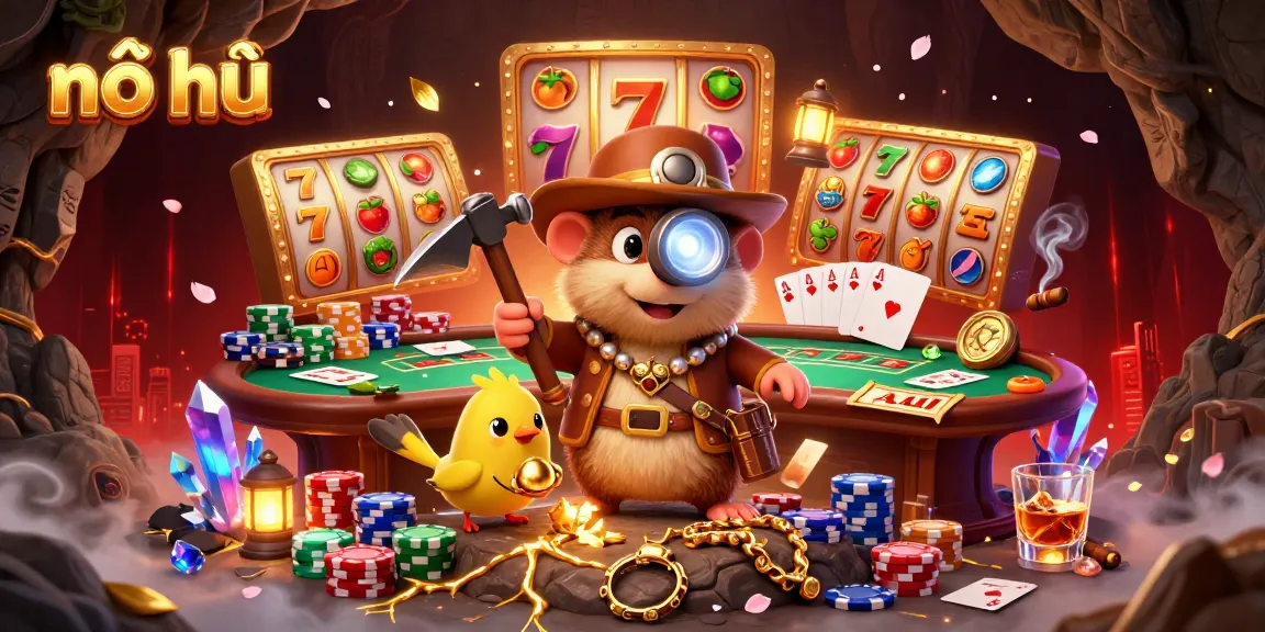 Engage with the exciting nổ hũ experience illustrated by a treasure hunter exploring a cave filled with jackpots and colorful slots.