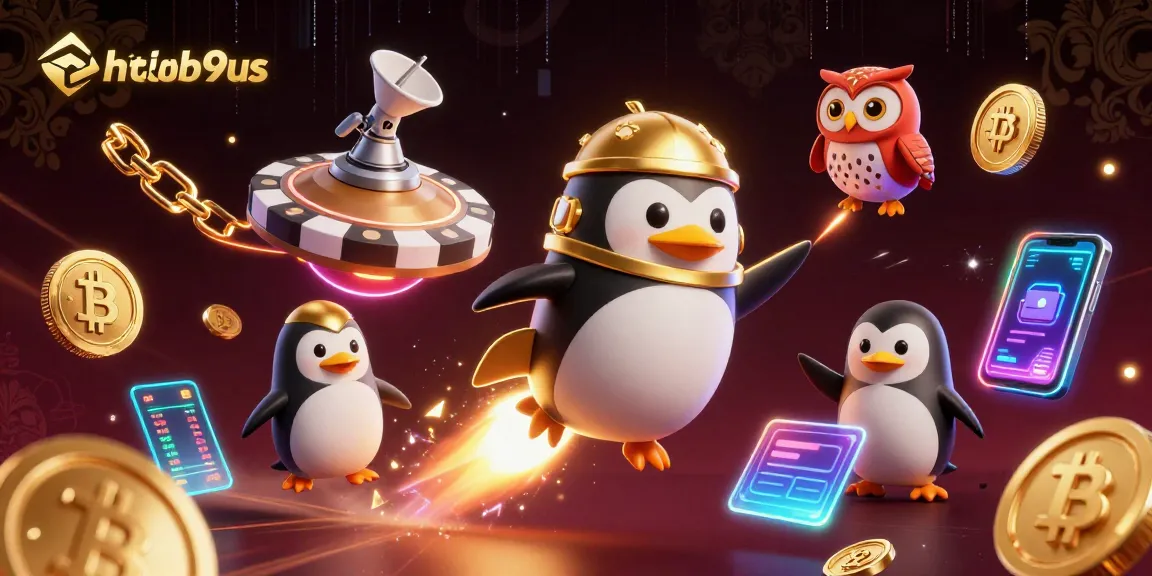 hitclub9us showcases a dynamic 3D casino scene with a rocket-powered golden penguin and crypto elements.