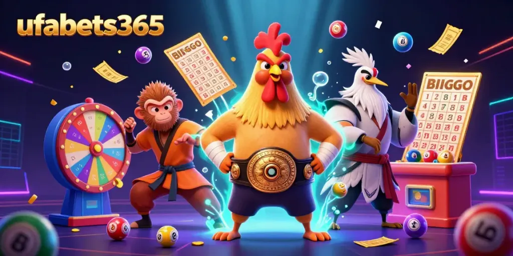 Engage with ufabets365 as the Muay Thai rooster, Shaolin monkey, and crane master showcase colorful lottery balls in a vibrant casino scene.