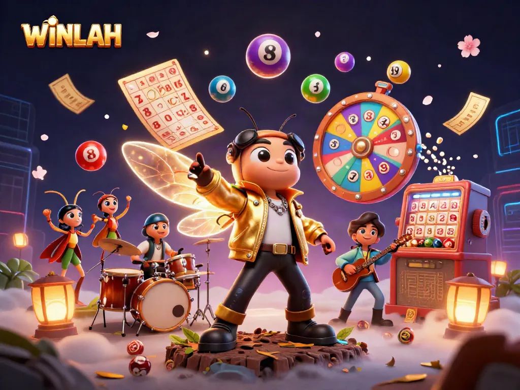 Experience WINLAH with a dynamic scene of animated characters celebrating with colorful lottery elements and vibrant visuals.