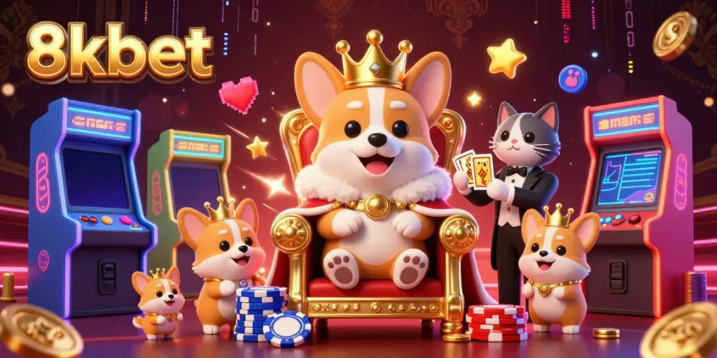 Engage in thrilling gameplay with 8xbet featuring vibrant corgi characters in a dynamic casino scene.