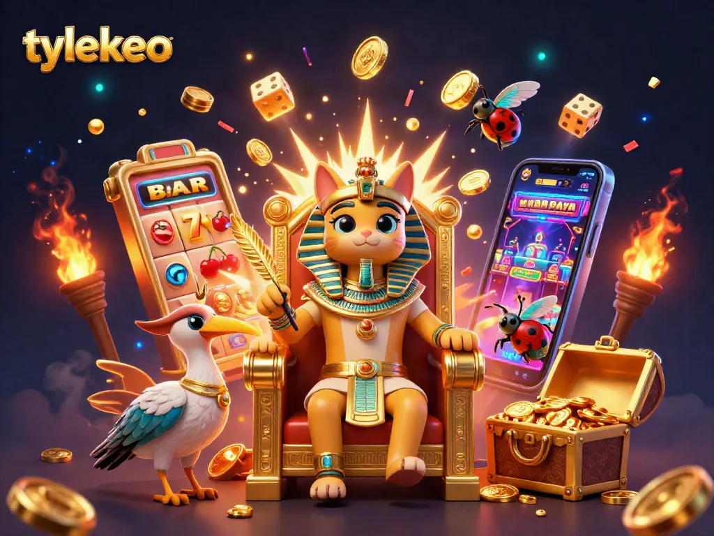 Engage with tylekeo's vibrant 3D casino world featuring a pharaoh cat, jackpot slots, and exciting game elements.