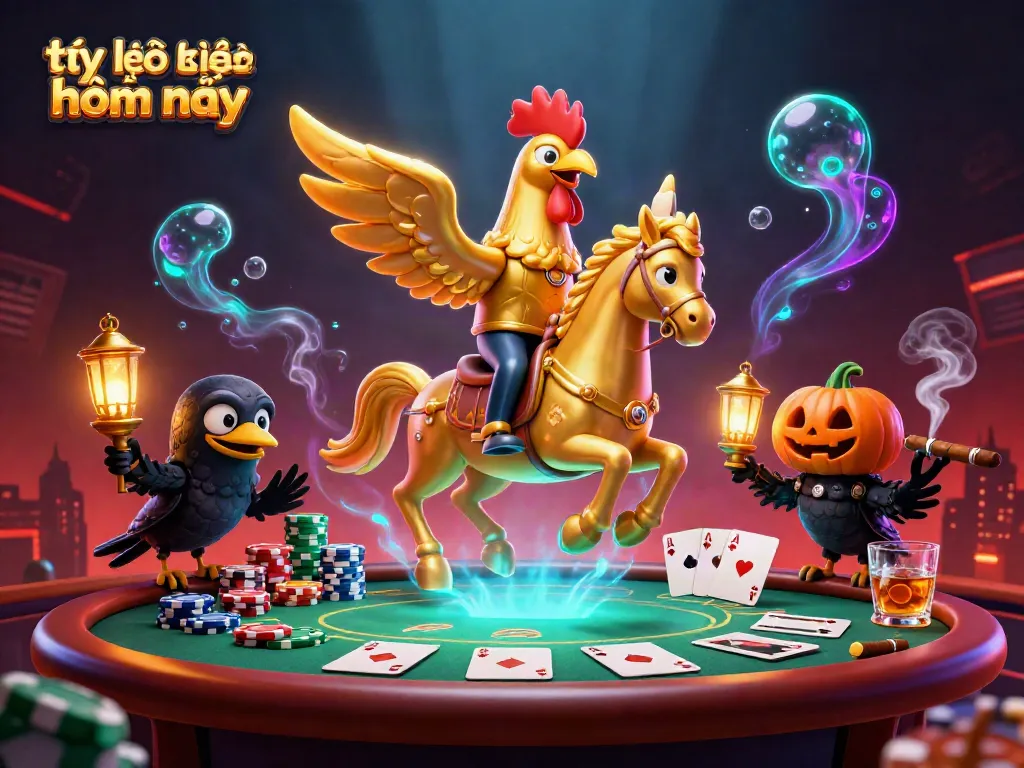 Engage in the excitement of tỷ lệ kèo nhà cái hôm nay with a golden rooster and spectral horse in a casino.