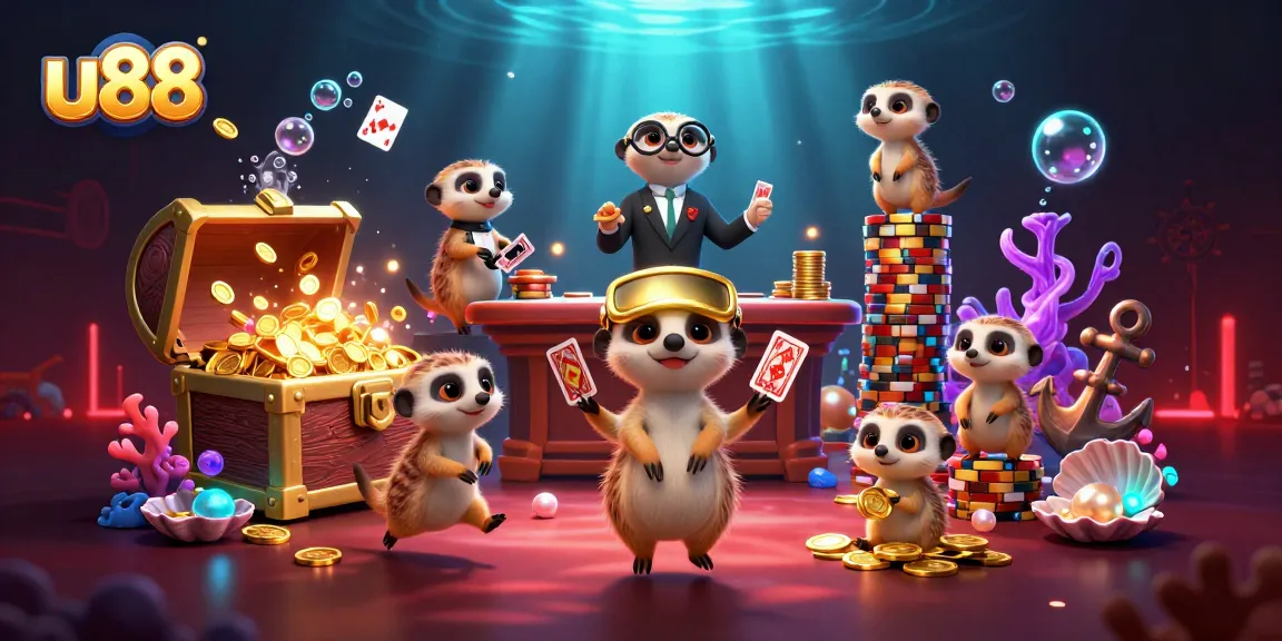 u88 meerkats orchestrating a vibrant 3D casino scene filled with colorful treasures.