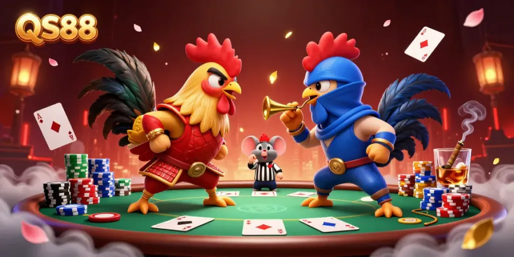 Engaging battle scene with twin roosters in armor showcasing the thrilling energy of QS88's gambling atmosphere.