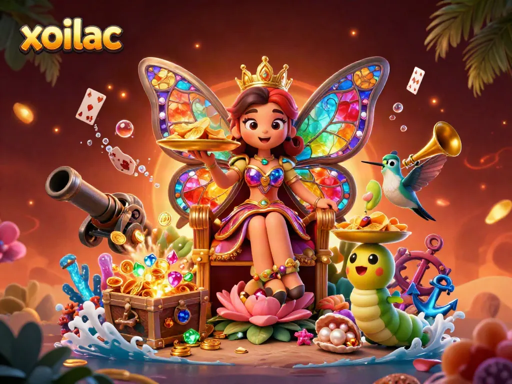 Experience exhilarating gambling with xoilac featuring a vibrant butterfly queen, chips, and treasure.