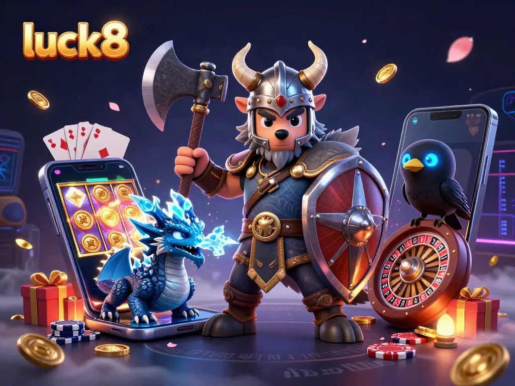 Experience thrilling action with luck8 in an immersive 3D casino scene featuring a Viking warrior, dragon, and casino games.