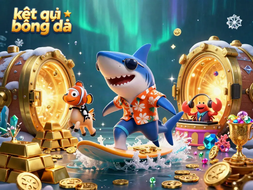 Experience kết quả bóng đá with a lively underwater scene capturing a cartoon shark surfing on gold coins, making gambling fun.