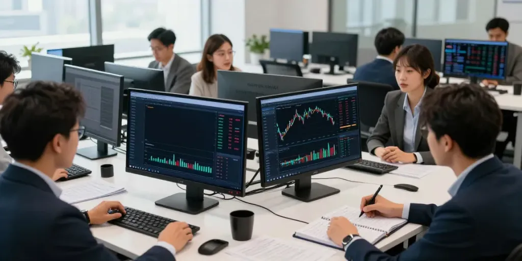 Traders engaging with AI tools and market data, highlighting Slate Capivex's impact on trading.