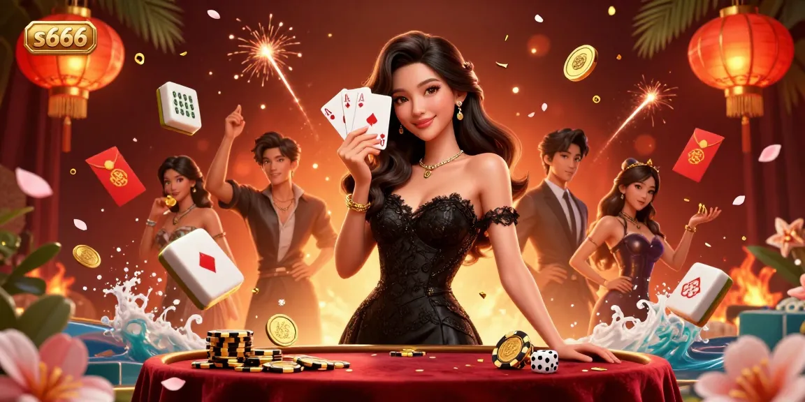 s666 showcases an elegant Asian woman holding playing cards in a vibrant casino scene filled with golden elements.