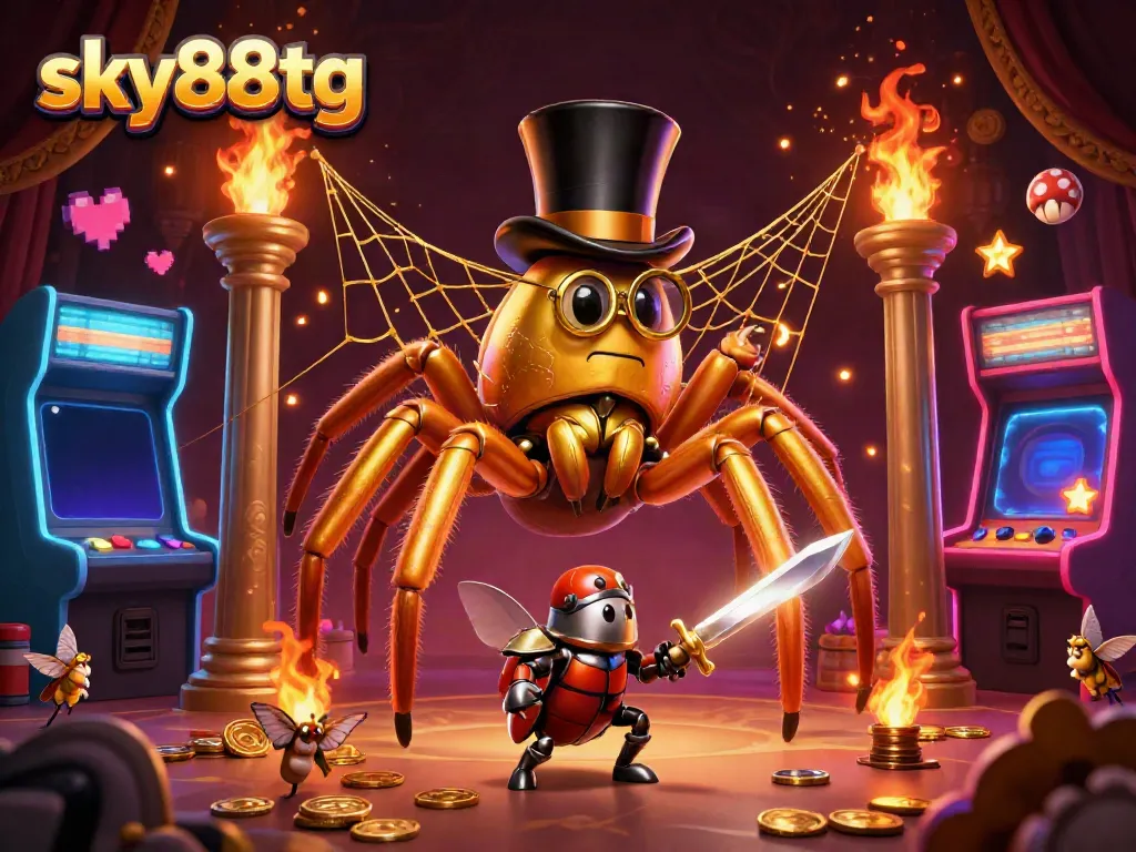 Experience thrilling action at sky88tg with a golden tarantula weaving webs in a casino palace, captivating players with 3D games.