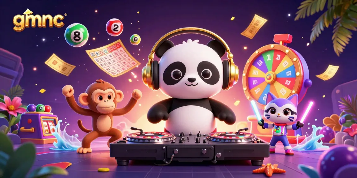 Experience the vibrant energy of gmnc with dynamic lottery balls and playful characters in a colorful casino scene.