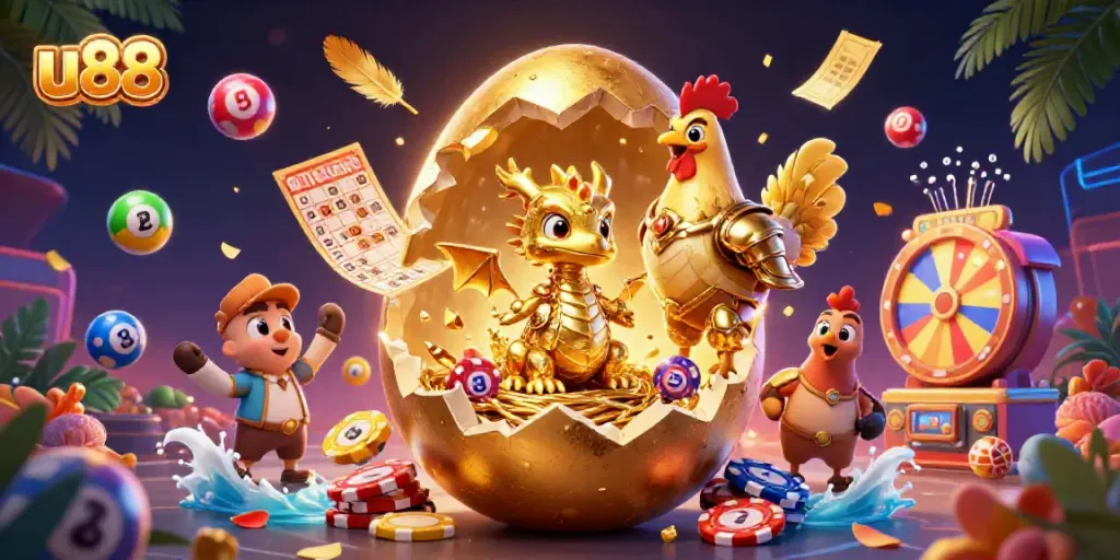 Experience exciting gaming action at u88 featuring a golden dragon amid colorful casino elements.