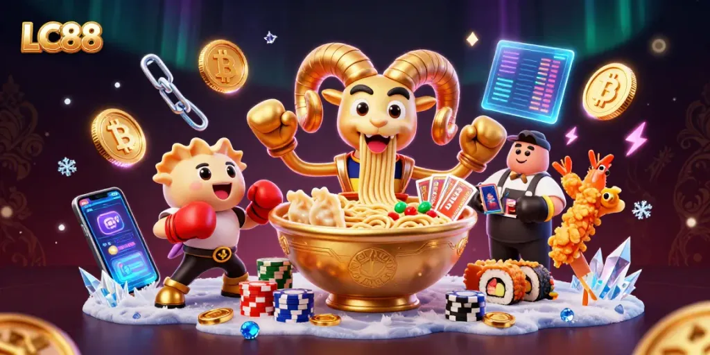 Join LC88’s animated casino world with a colossal ramen bowl dealer, crypto coins, and vibrant cheerleaders.