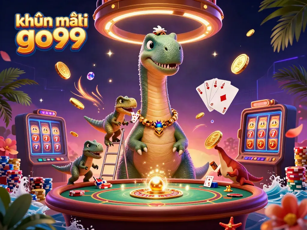 Experience the excitement of khuyến mãi go99 with this vibrant casino scene featuring a brontosaurus and a clever raptor.