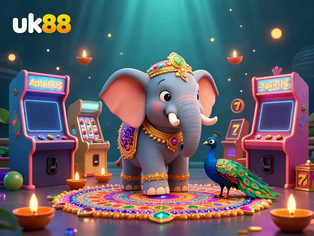 Engage with uk88's vibrant gaming atmosphere featuring an ornate elephant and colorful game elements.