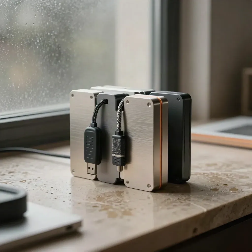 Brushed aluminum workflow modules, USB key, and dock on pale stone with soft rain mist.